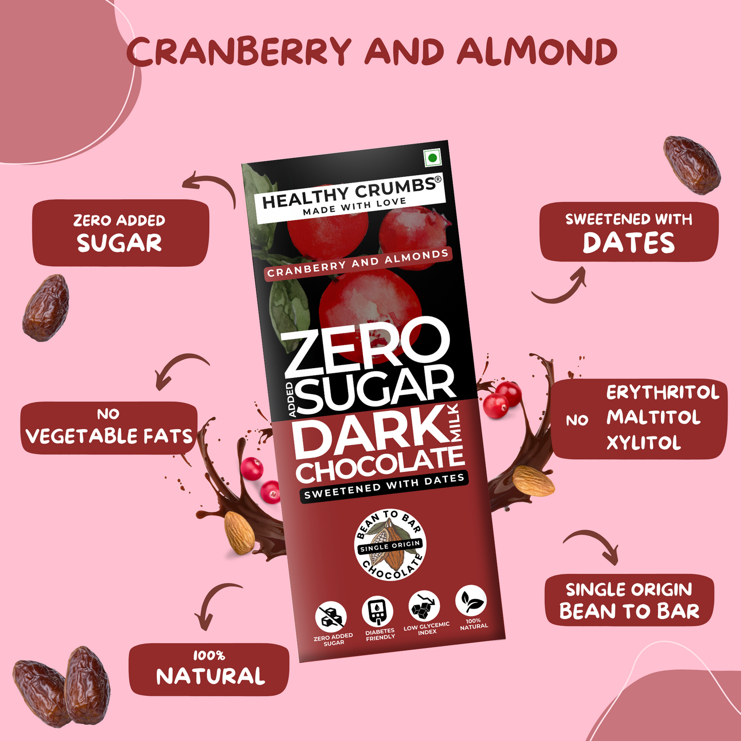 Zero Added Sugar Dark Chocolate 35g [Cranberry & Almond - Pack of 6]